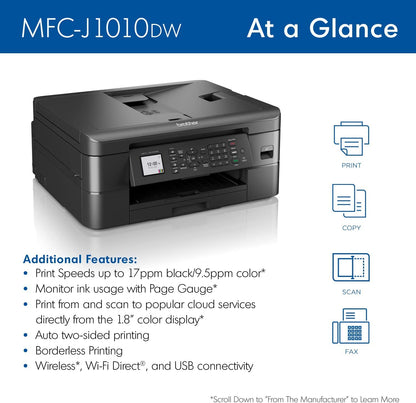 Brother MFC-J1010DW Wireless Color Inkjet All-in-One Printer, Duplex Printing, Mobile & Cloud Print, Compact Design, 1.8" Color Display, Works with Alexa