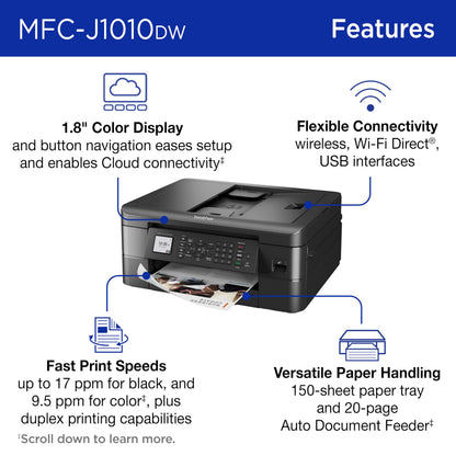 Brother MFC-J1010DW Wireless Color Inkjet All-in-One Printer, Duplex Printing, Mobile & Cloud Print, Compact Design, 1.8" Color Display, Works with Alexa