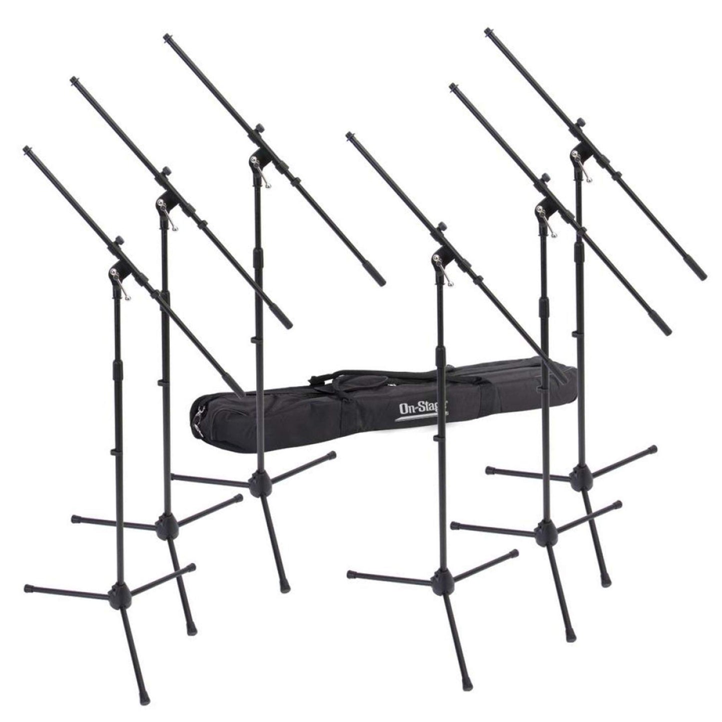 On-Stage MSP7706 Euro Boom 6 Mic Stands w/Travel Bag (For Vocal and Instrument Microphones, Height-Adjustable, Rugged, Lightweight, Steel, Standard Threading, Folding Tripod, Durable, Black)