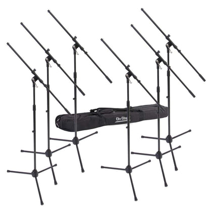 On-Stage MSP7706 Euro Boom 6 Mic Stands w/Travel Bag (For Vocal and Instrument Microphones, Height-Adjustable, Rugged, Lightweight, Steel, Standard Threading, Folding Tripod, Durable, Black)