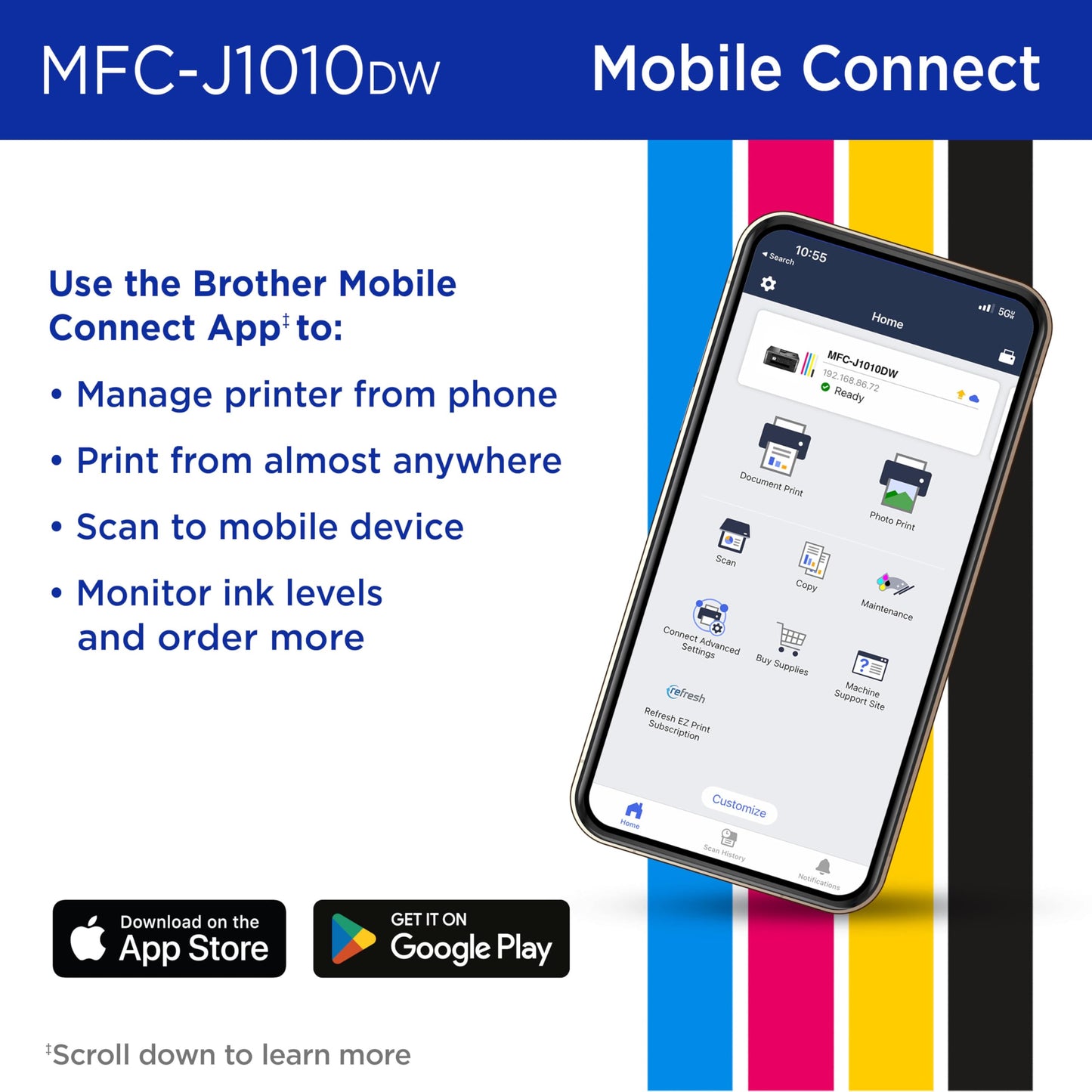 Brother MFC-J1010DW Wireless Color Inkjet All-in-One Printer, Duplex Printing, Mobile & Cloud Print, Compact Design, 1.8" Color Display, Works with Alexa