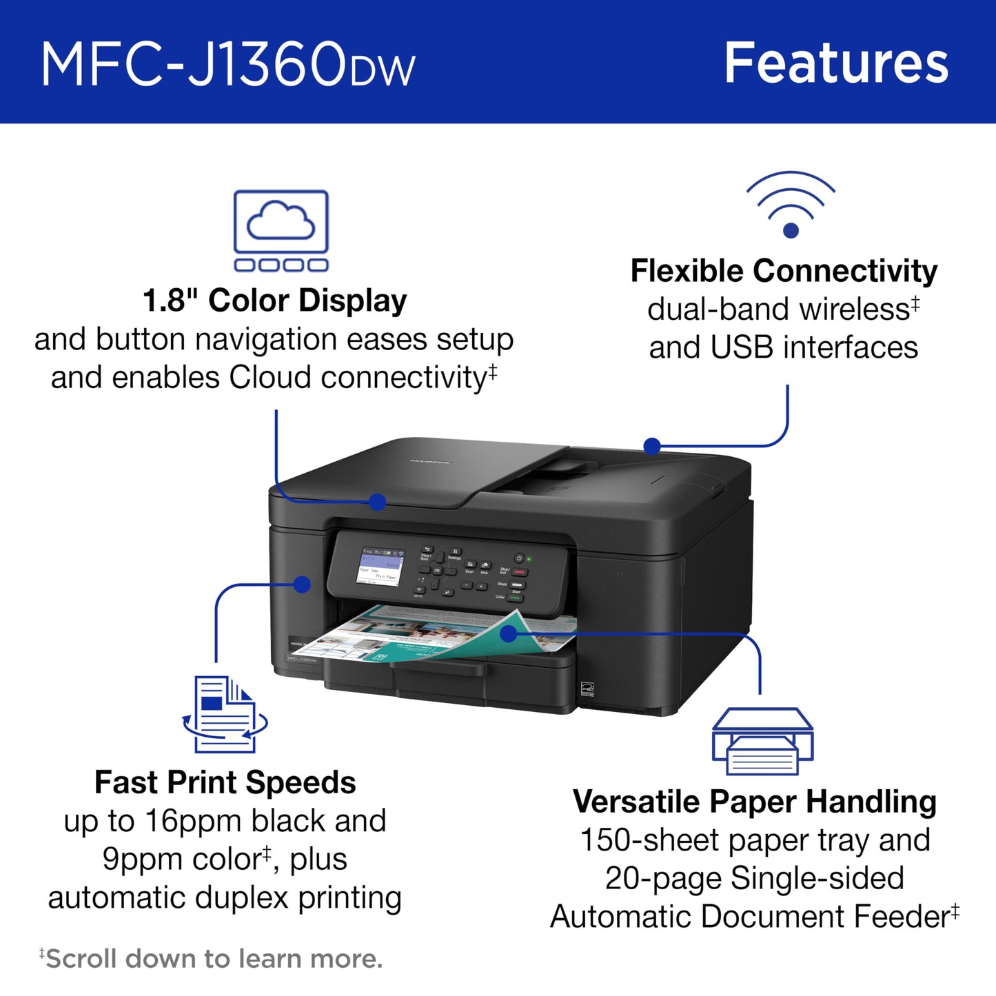 Brother MFC-J1010DW Wireless Color Inkjet All-in-One Printer, Duplex Printing, Mobile & Cloud Print, Compact Design, 1.8" Color Display, Works with Alexa