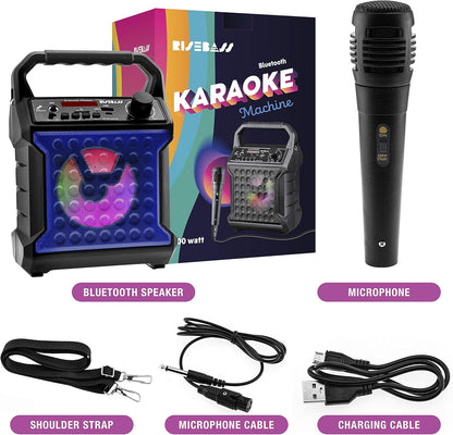 Risebass Portable Karaoke Machine with Microphone with Party Lights for Kids and Adults - Rechargeable USB Speaker Set with Bluetooth, FM Radio SD/TF Card, AUX-in, Birthday Gift for Boys and Girls