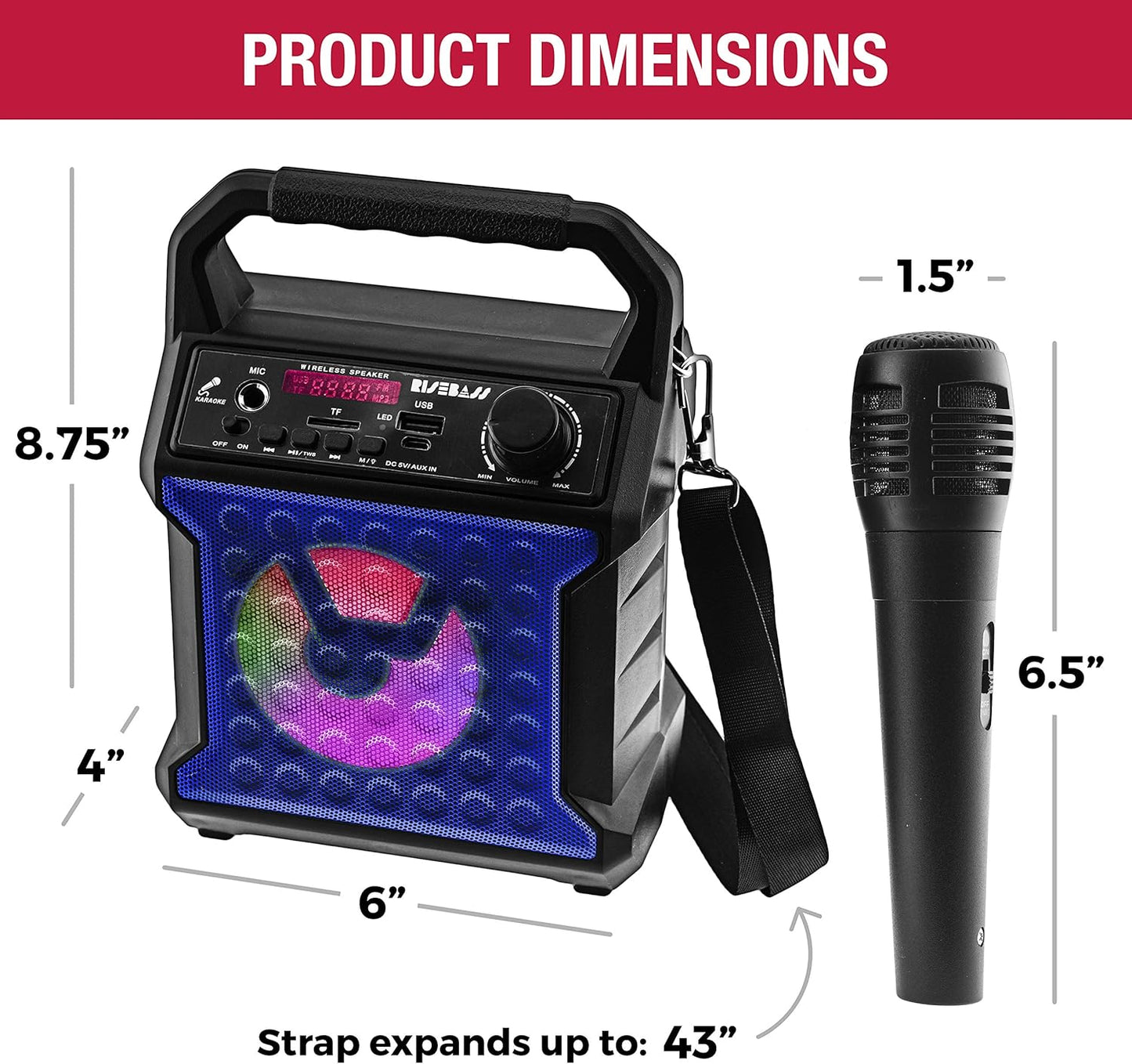Risebass Portable Karaoke Machine with Microphone with Party Lights for Kids and Adults - Rechargeable USB Speaker Set with Bluetooth, FM Radio SD/TF Card, AUX-in, Birthday Gift for Boys and Girls