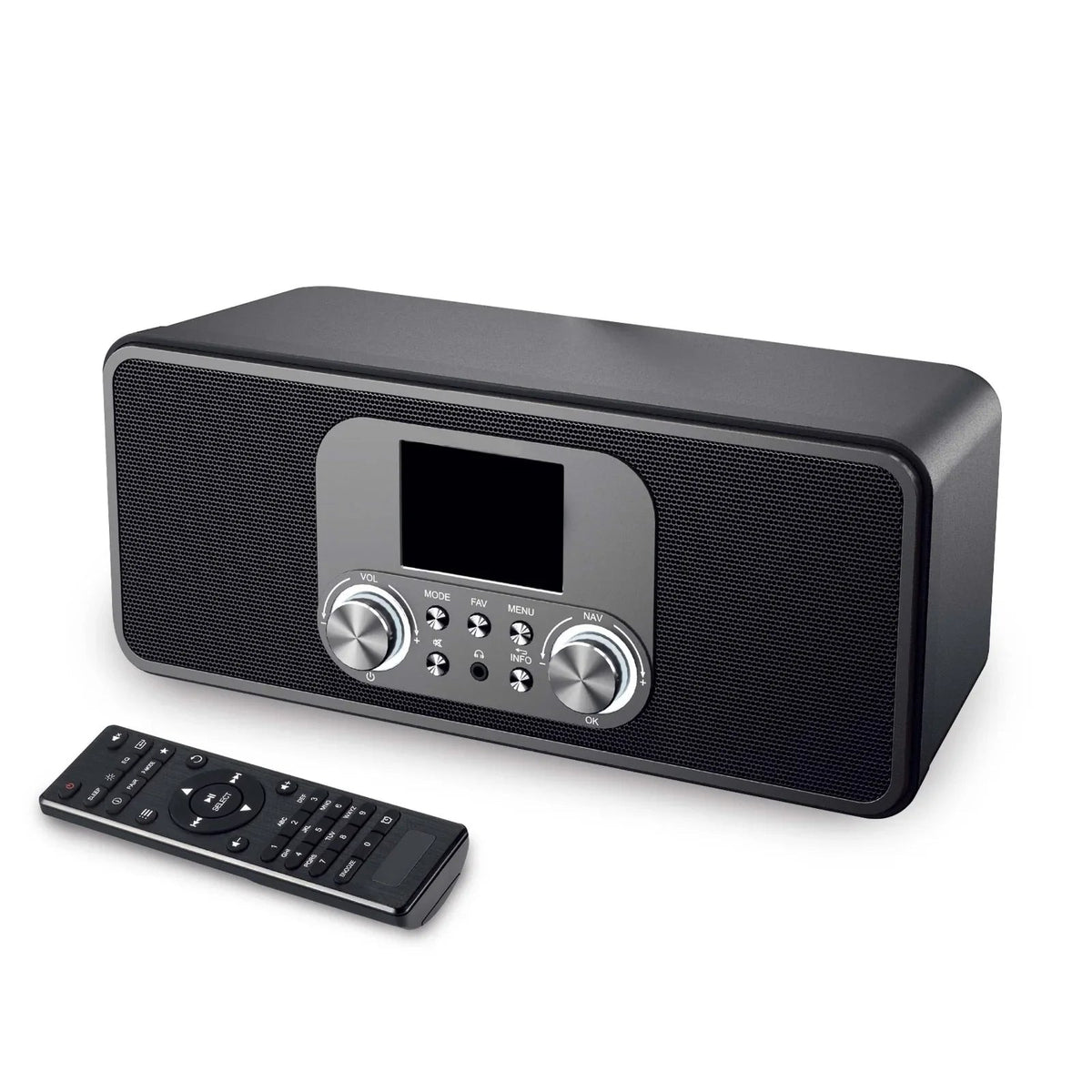 Modern black digital radio with remote control, featuring volume and navigation knobs, ideal for home audio systems.