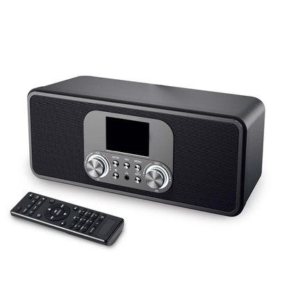 Modern black digital radio with remote control, featuring volume and navigation knobs, ideal for home audio systems.