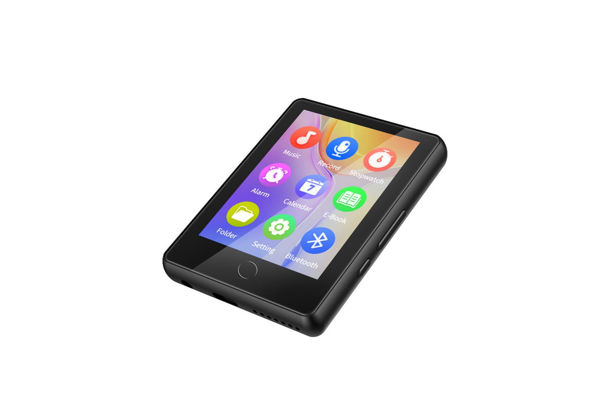 Compact digital music player with colorful touchscreen, Bluetooth, and e-book features for portable entertainment.