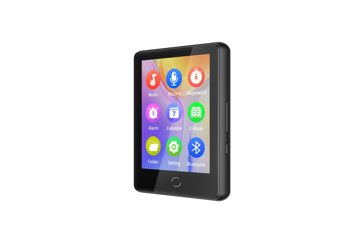 Compact digital media player with colorful touchscreen icons for music, e-book, and Bluetooth features