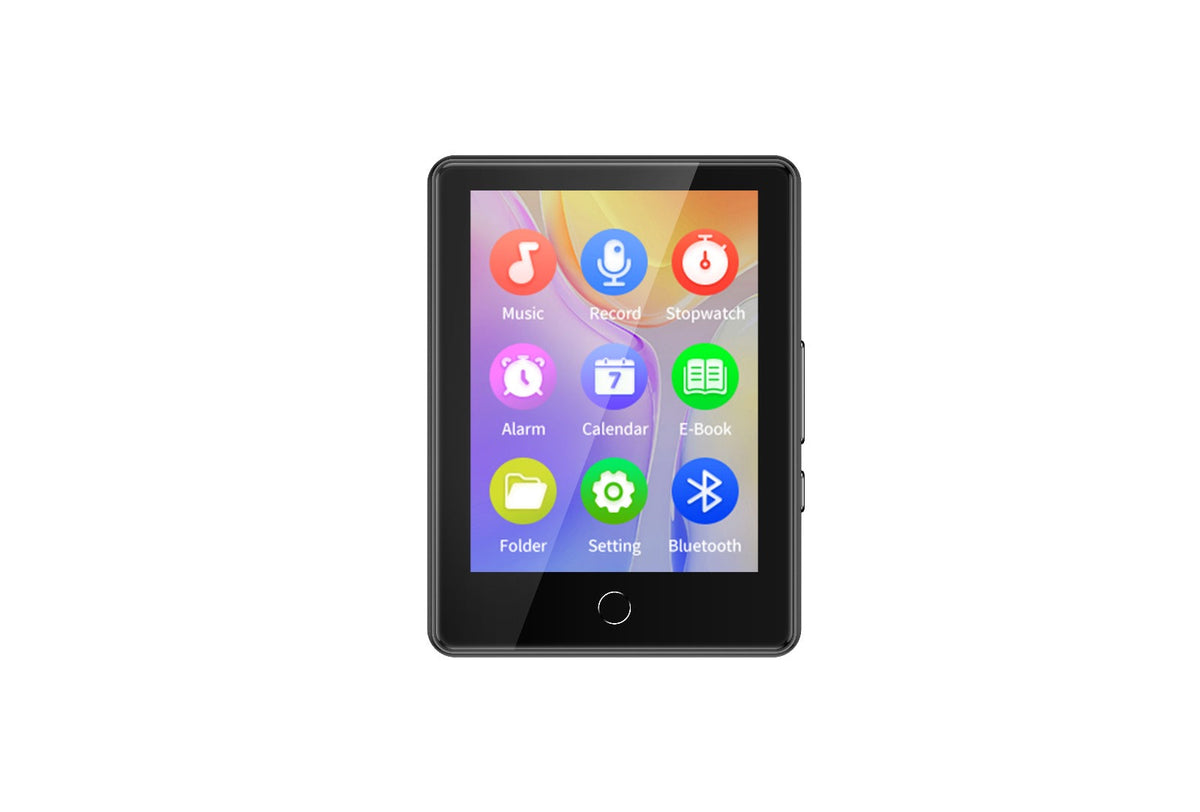 Compact multimedia player with music, e-book, and Bluetooth features on colorful touchscreen display
