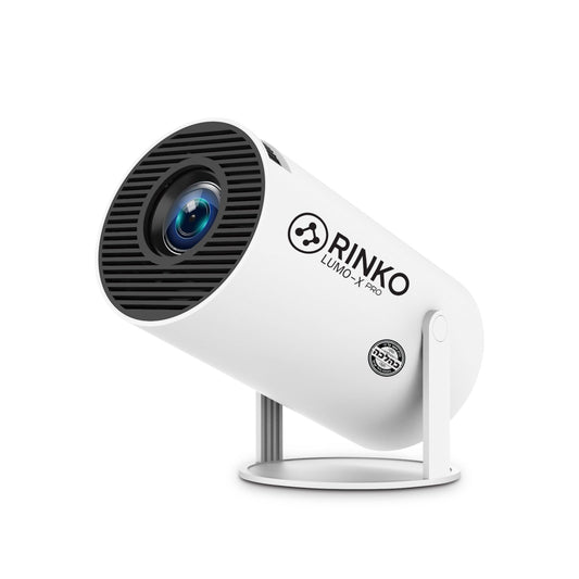 RINKO LUMO-X PRO projector with sleek white design and blue lens, ideal for home entertainment