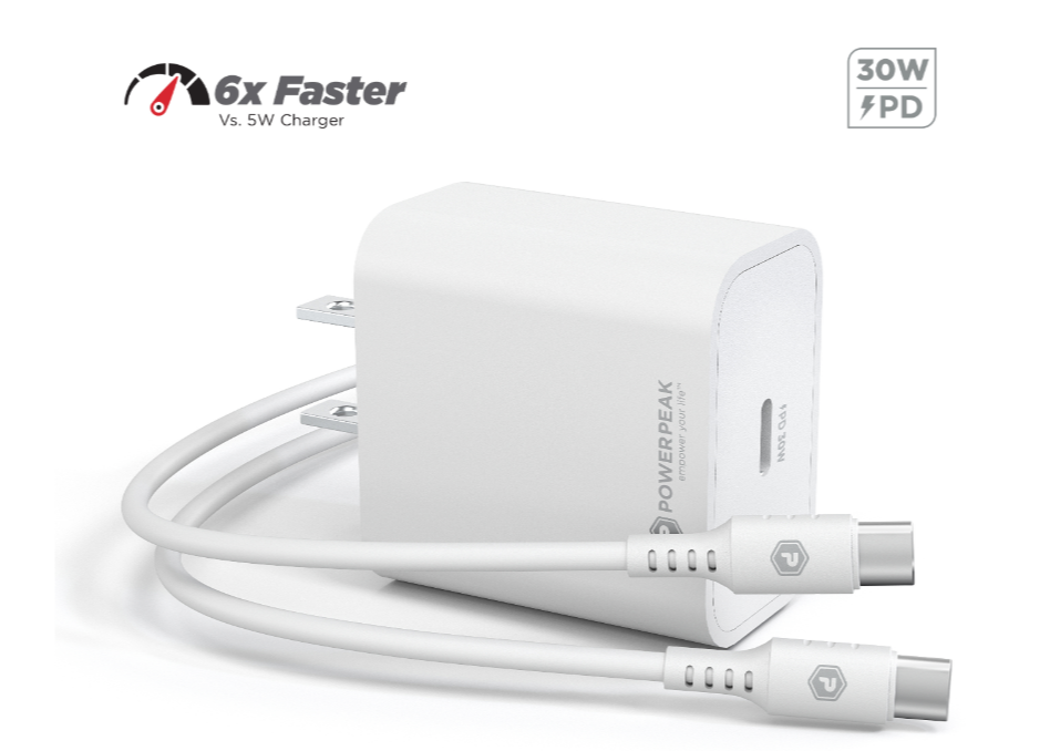 PowerPeak ECONOMY - ULTRAFAST 30W PPS High Speed USB C Wall Charger with Type C 6 ft cable -White