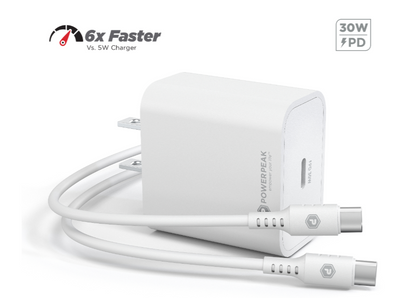 PowerPeak ECONOMY - ULTRAFAST 30W PPS High Speed USB C Wall Charger with Type C 6 ft cable -White