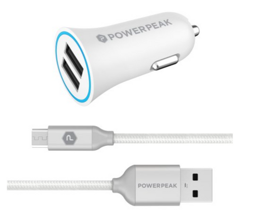 PowerPeak Dual Port Rapid Car Charger with Braided Micro USB Charge &amp; Sync Cable - White (3.4 Amps)