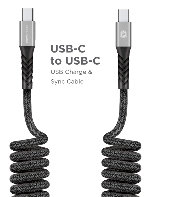 PowerPeak Type C to C Coiled Charge & Sync Cable - 4ft - Grey