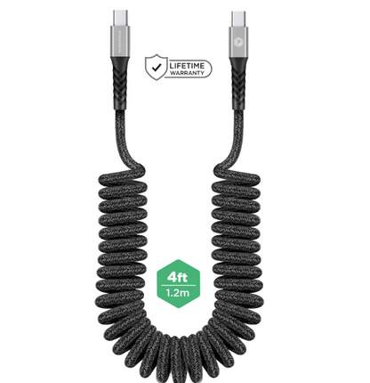PowerPeak Type C to C Coiled Charge & Sync Cable - 4ft - Grey