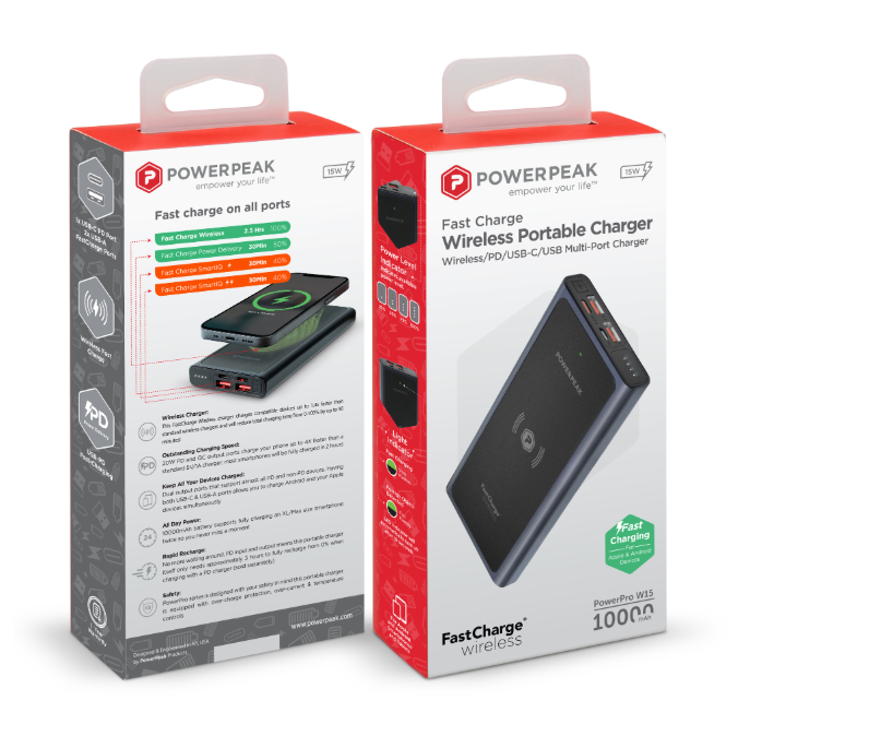 Power Peak 2-in-1 Portable Fast Charge Wireless Charger and Battery Pack 10,000 mAh