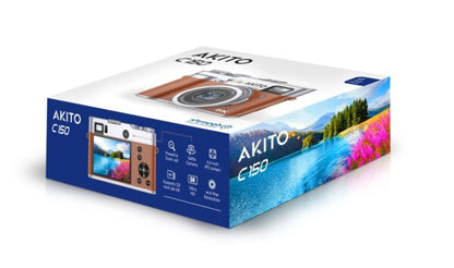 Akito C150 digital camera box with scenic landscape design and product features highlighted