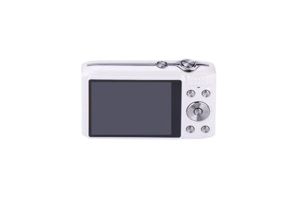 White digital camera with LCD screen and control buttons for family use