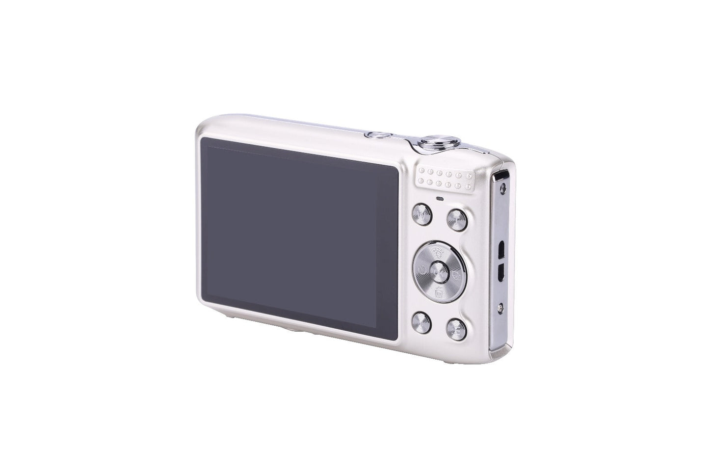 Silver digital camera with large LCD screen and control buttons, ideal for family photography