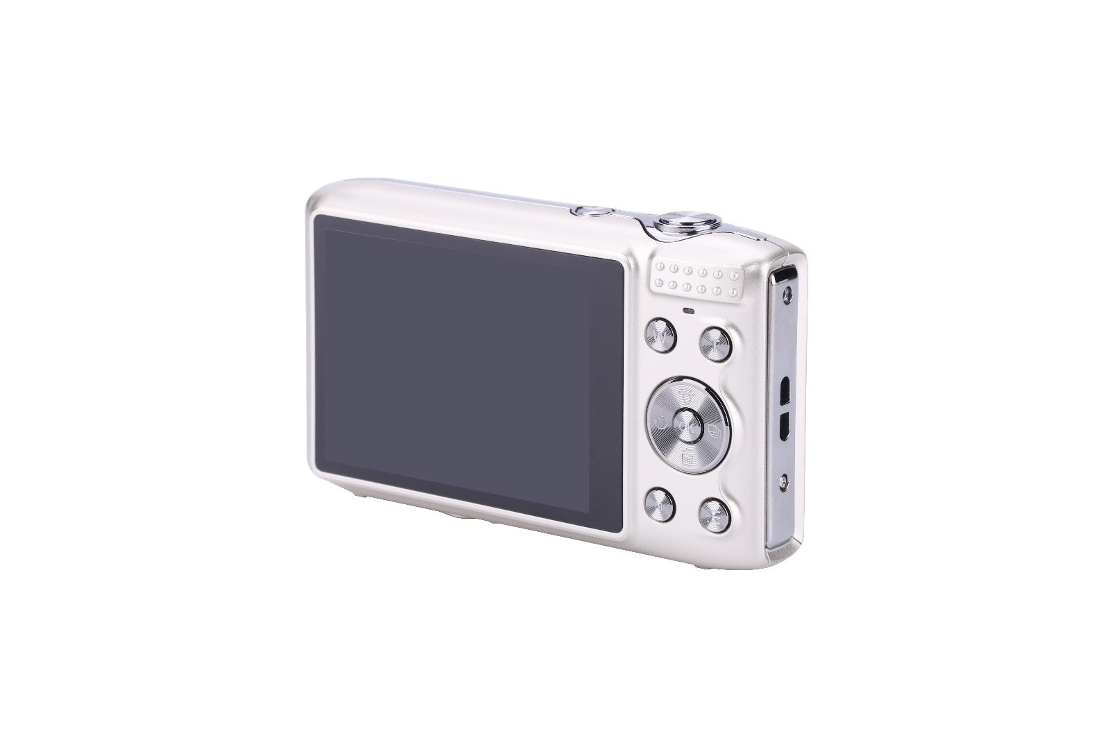 Silver digital camera with large LCD screen and control buttons, ideal for family photography