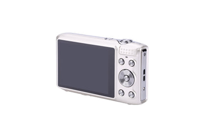 Silver digital camera with large LCD screen and control buttons, ideal for family photography