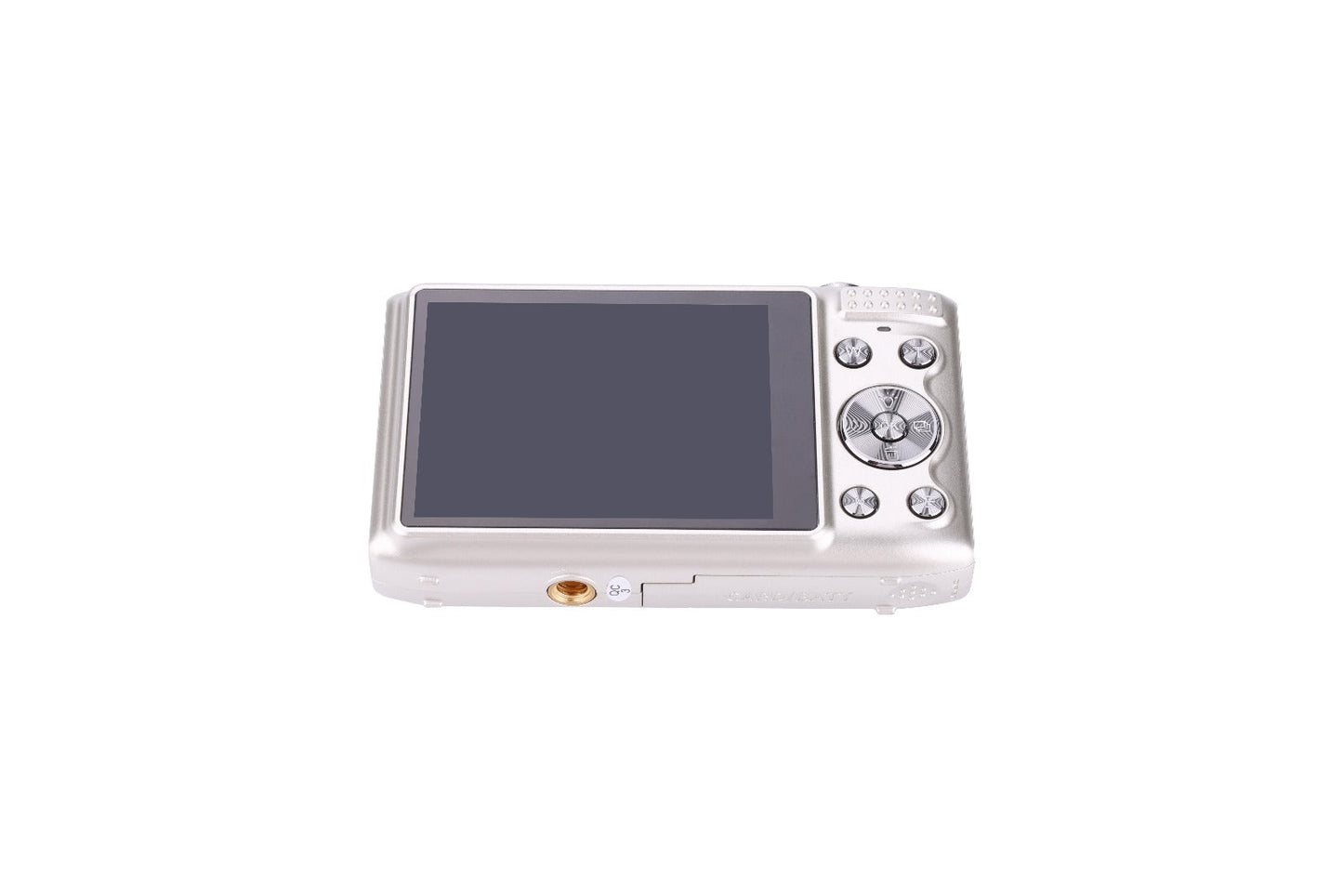 Silver digital camera with LCD screen and control buttons, sleek design for family use