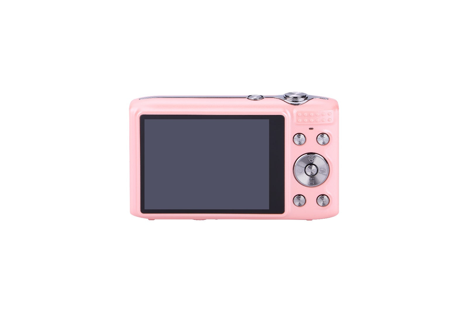 Pink digital camera with large LCD screen and control buttons, ideal for family use