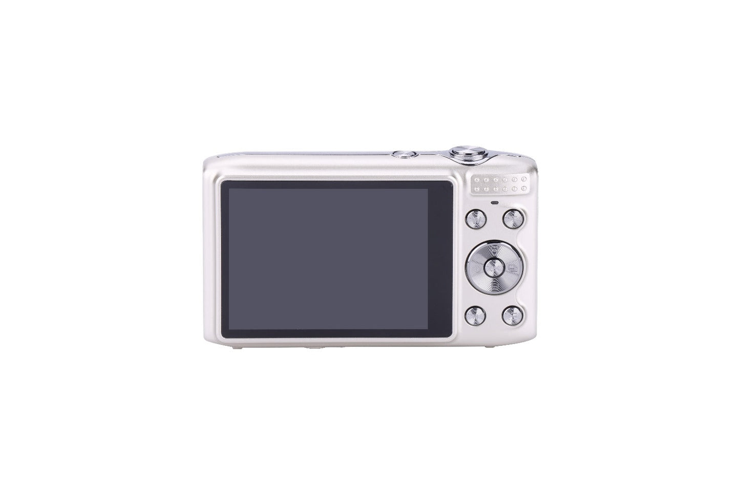 Silver digital camera with large LCD screen and control buttons, ideal for family photography