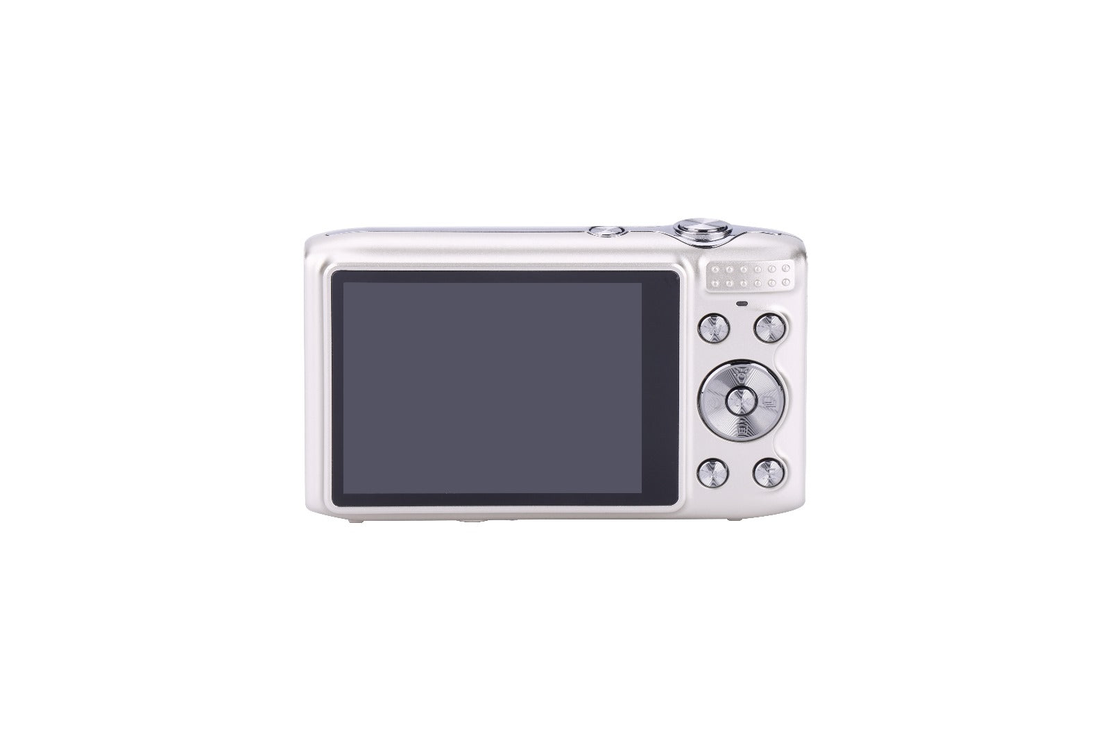 Silver digital camera with large LCD screen and control buttons, ideal for family photography