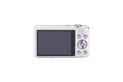 Silver digital camera with large LCD screen and control buttons, ideal for family photography