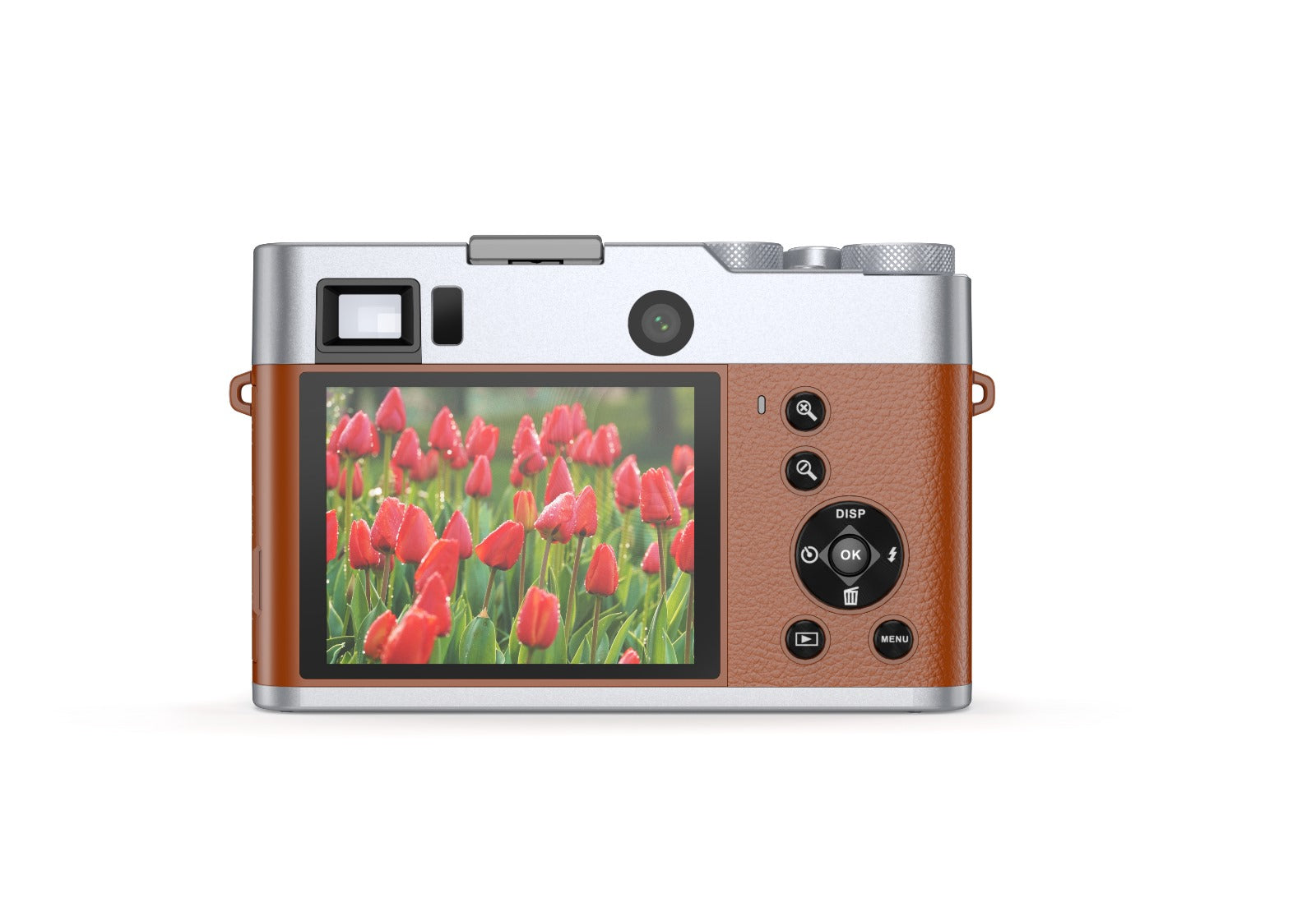 Compact digital camera with brown leather grip displaying vibrant red tulips on screen