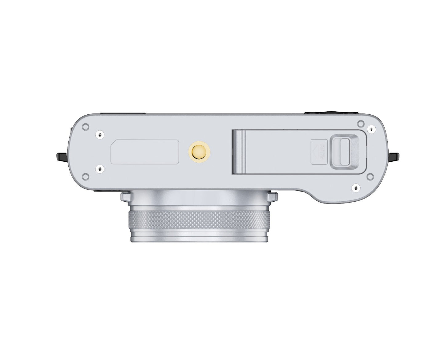 Silver compact camera with textured lens and gold accent, showcasing premium design and build quality