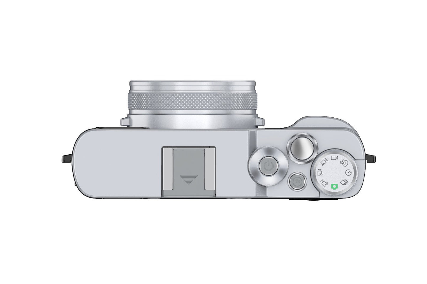 Silver compact camera with top controls and mode dial for versatile shooting