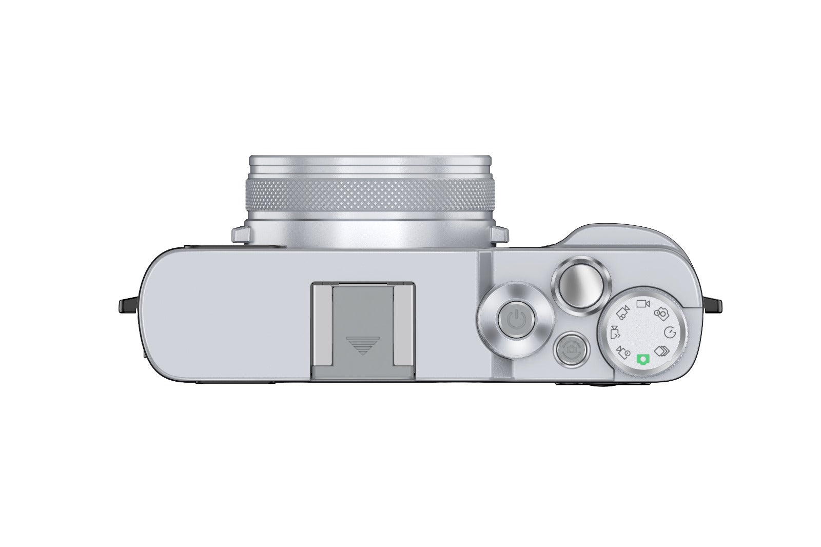Silver compact camera with top controls and mode dial for versatile shooting