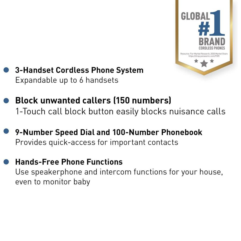 Panasonic Cordless Phone System, Expandable Home Phone with Call Blocking, Bilingual Caller ID and High-Contrast Display, 3 Handset (KX-TGD613B) - Black