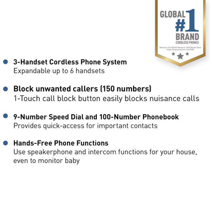 Panasonic Cordless Phone System, Expandable Home Phone with Call Blocking, Bilingual Caller ID and High-Contrast Display, 3 Handset (KX-TGD613B) - Black