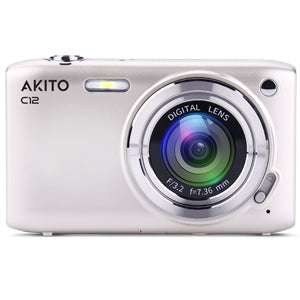 White Akito C12 digital camera with 1:3.2 lens, sleek design for premium photography