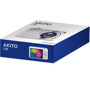 Akito C12 digital camera in sleek packaging with vibrant display
