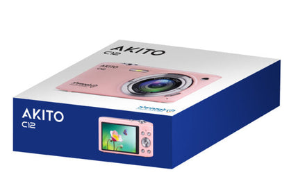 Pink Akito C12 digital camera in blue and white packaging, showcasing vibrant display and sleek design.