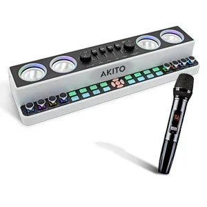 Akito premium karaoke machine with colorful LED lights and wireless microphone for family entertainment