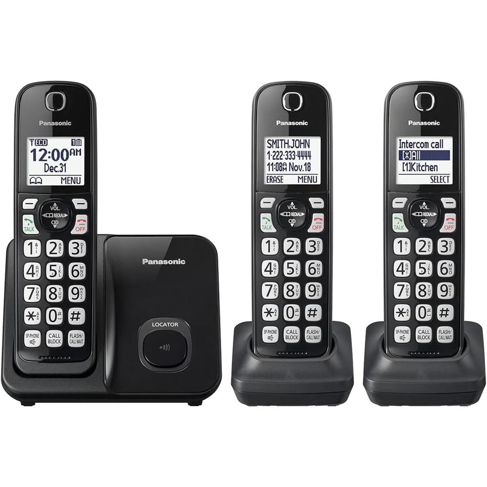 Panasonic Cordless Phone System, Expandable Home Phone with Call Blocking, Bilingual Caller ID and High-Contrast Display, 3 Handset (KX-TGD613B) - Black
