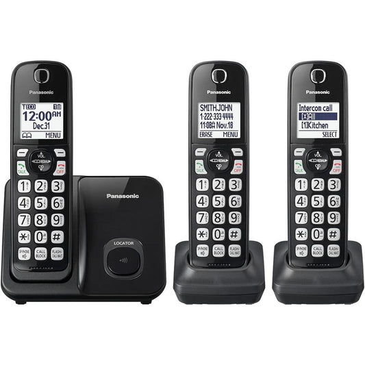 Panasonic Cordless Phone System, Expandable Home Phone with Call Blocking, Bilingual Caller ID and High-Contrast Display, 3 Handset (KX-TGD613B) - Black